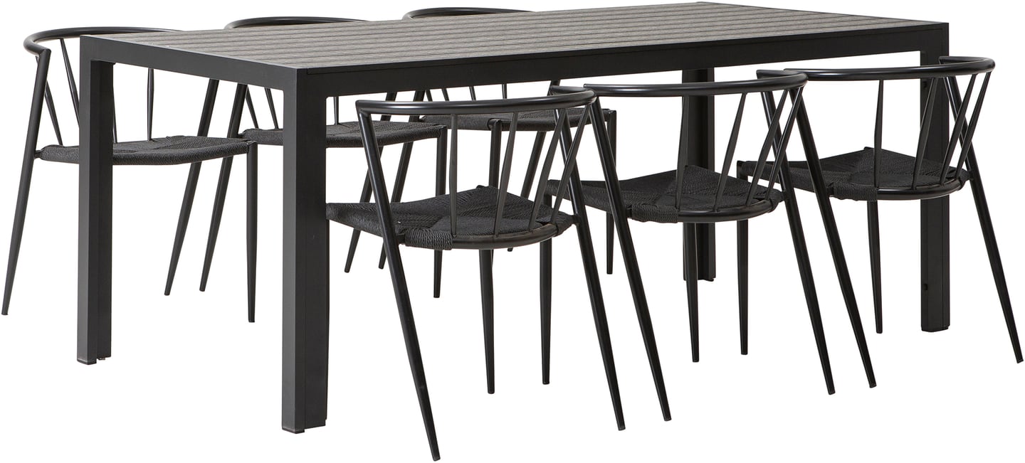 Seattle & Deco ruokailuryhmä 190x90 kuudelle: Tyylikäs musta ruokailuryhmä ulos, sisältää 190x90 cm pöydän ja kuusi mustaa Deco-tuolia. Täydellinen terassille tai puutarhaan.