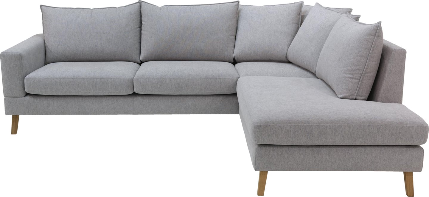Salerno avokulmasohva (oikea): Muokattava kulmasohva Salerno, harmaa kangas, moderni design, tammijalat. Sopii täydellisesti olohuoneeseen, luo mukautuvan tilan.