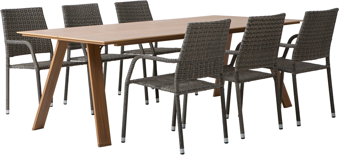 Messina & Oliva ruokailuryhmä 220x100 kuudelle: Tyylikäs Messina ruokailuryhmä ulos, 220x100 cm pöytä luonnonvärillä ja 6 pinottavaa harmaata tuolia. Täydellinen terassille tai puutarhaan.