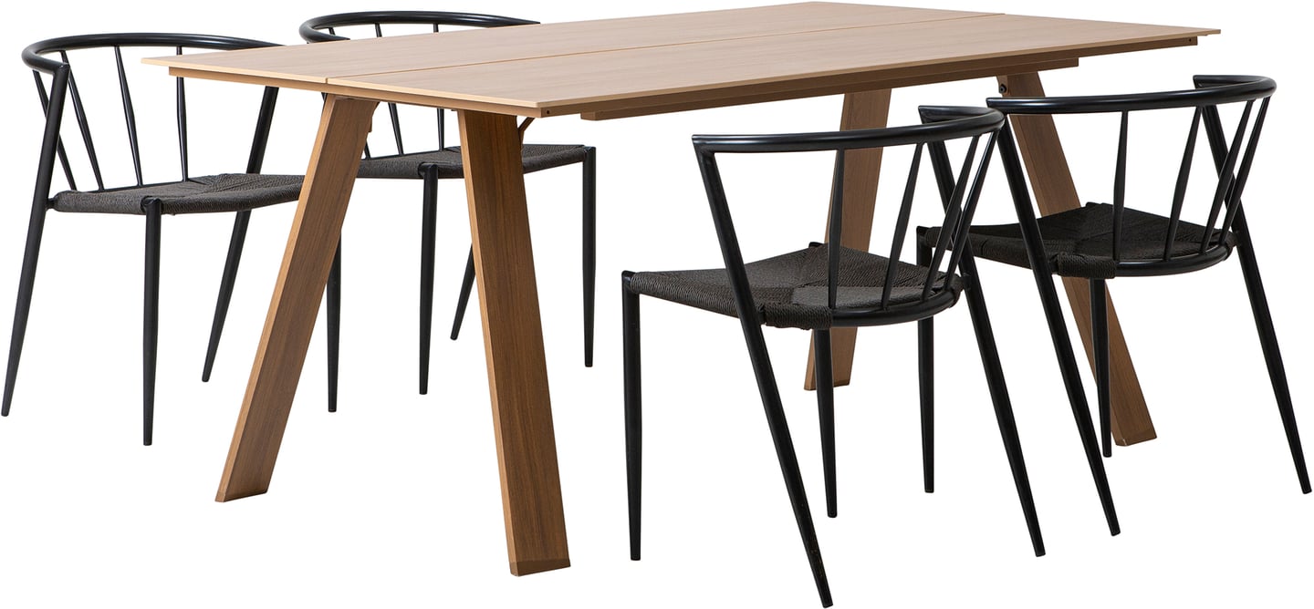Messina & Deco ruokailuryhmä 160x100 neljälle: Tyylikäs Messina ulkopöytä (160x100 cm) ja 4 Deco-tuolia mustalla rungolla ja narulla. Täydellinen ruokailuryhmä terassille, parvekkeelle tai puutarhaan.