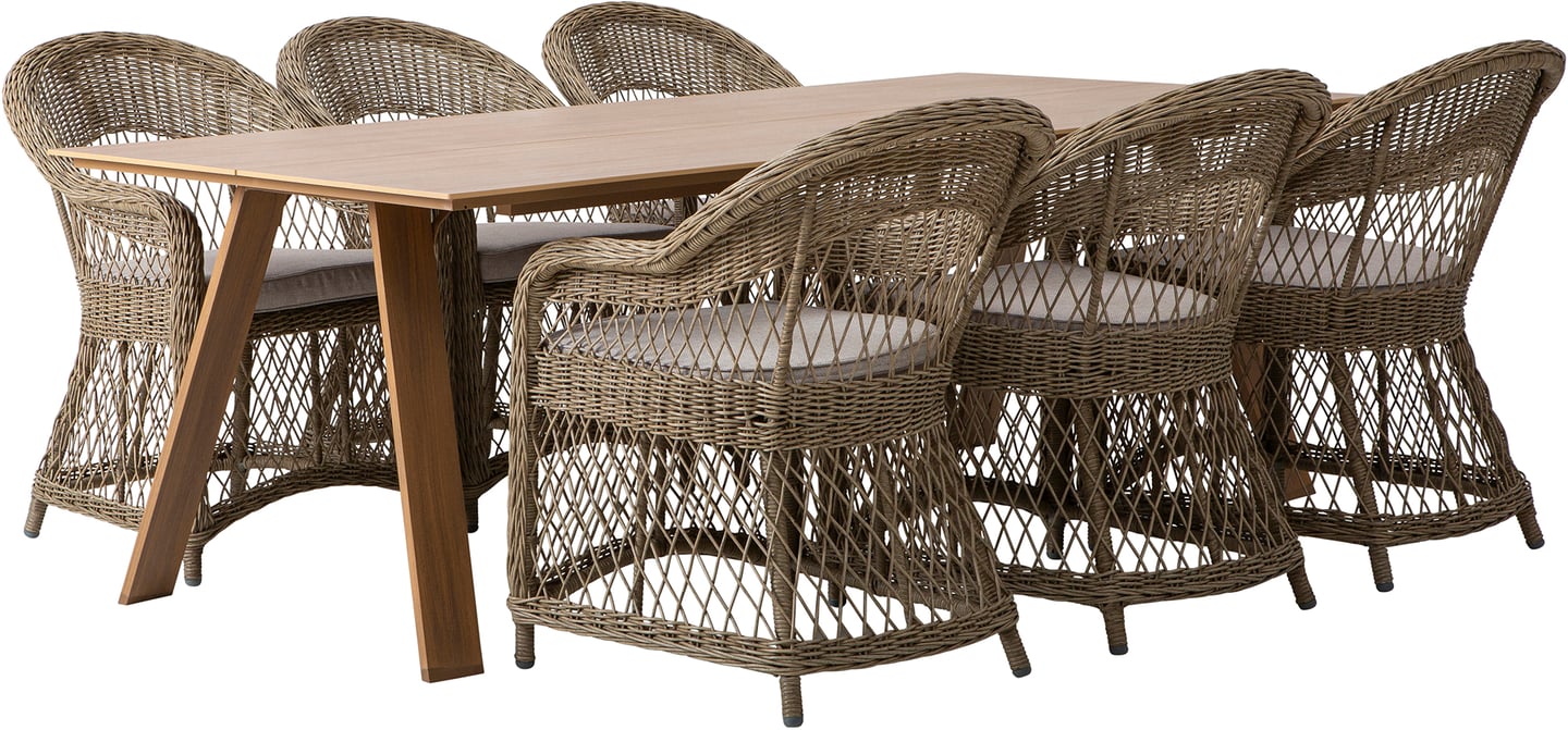 Messina & Leona ruokailuryhmä 220x100 kuudelle: Tyylikäs Messina ruokailuryhmä, jossa 220x100 cm puinen pöytä ja kuusi beigeä pehmustettua Leona-tuolia. Erinomainen valinta terassille tai puutarhaan!