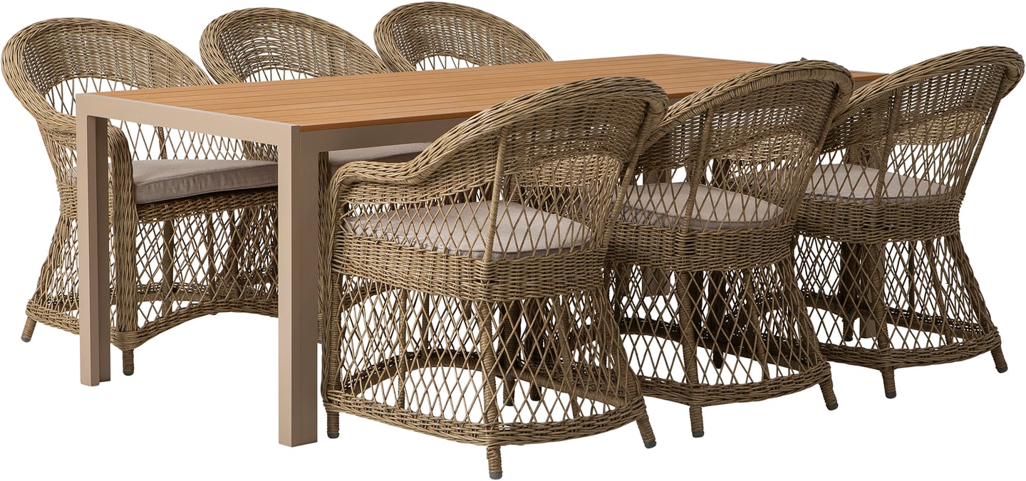 Albury & Leona ruokailuryhmä 205x90 kuudelle: Tyylikäs ulkoruokailuryhmä, jossa 205x90 cm taupe tiikkipöytä ja 6 beige pehmustettua Leona-tuolia. Täydellinen terassille tai puutarhaan.