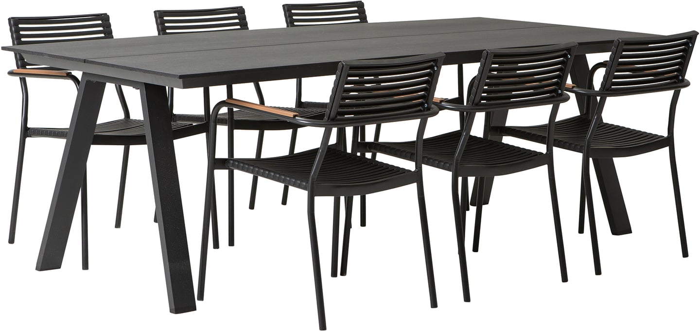 Messina & Calle ruokailuryhmä 220x100 kuudelle: Tyylikäs musta ruokailuryhmä ulos, sisältää 220x100 cm pöydän ja kuusi pinottavaa tuolia. Täydellinen terassille tai puutarhaan.