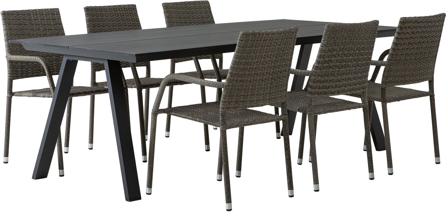 Messina & Oliva ruokailuryhmä 220x100 kuudelle: Tyylikäs musta ruokailuryhmä, johon kuuluu 220x100 cm pöytä ja 6 pinottavaa harmaata tuolia. Täydellinen ulos terassille tai puutarhaan.