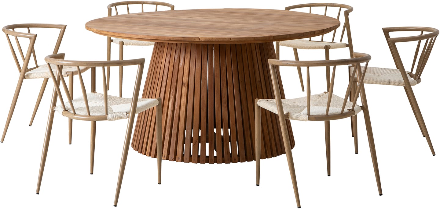 Deco ruokailuryhmä pyöreä 150cm kuudelle: Tyylikäs pyöreä ruokailupöytä (150 cm) luonnontiikistä, täydellinen ulkoilmaan. Mukana 6 beigeä Deco-tuolia. Erinomainen valinta terassille tai puutarhaan.