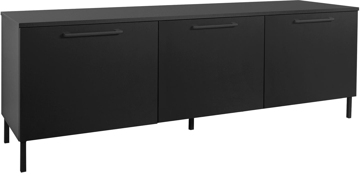 Nauvo TV-taso 166 cm (3 ovea): Tyylikäs musta TV-taso, jossa lisäovi, 166 cm leveä. Sopii täydellisesti olohuoneen säilytykseen ja moderniin sisustukseen.