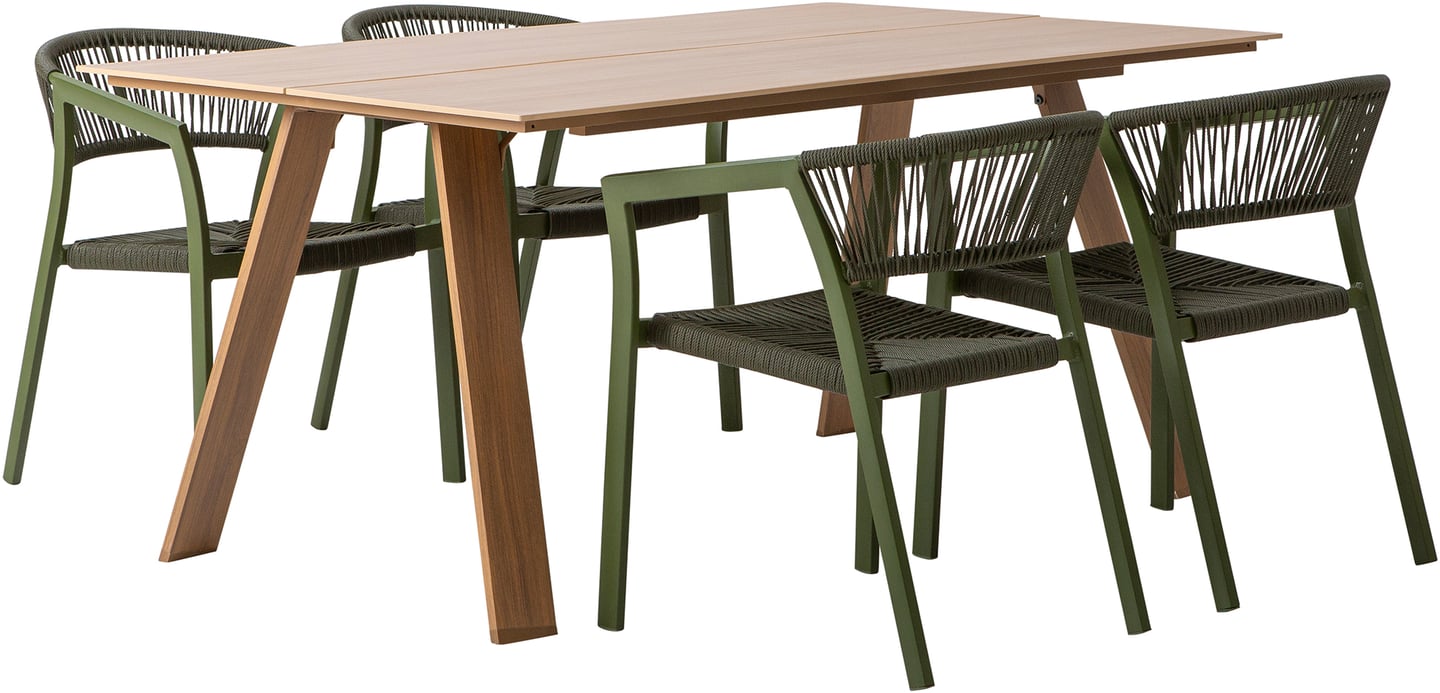 Messina & Elegance ruokailuryhmä 160x100 neljälle: Tyylikäs ulkoruokailuryhmä, johon kuuluu 160x100 cm pöytä ja neljä pinottavaa tuolia. Sopii täydellisesti terassille tai puutarhaan.