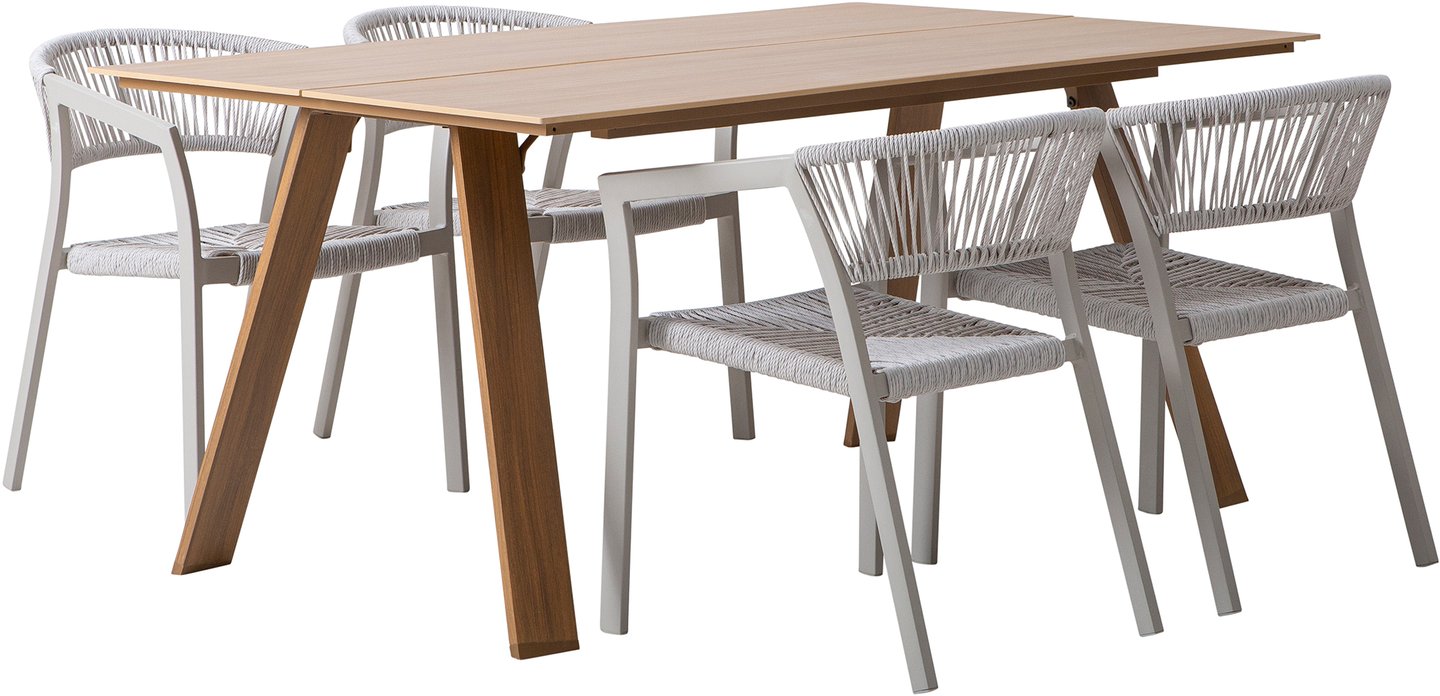 Messina & Elegance ruokailuryhmä 160x100 neljälle: Tyylikäs ulkoruokailuryhmä, jossa luonnonvärinen ruokapöytä ja neljä pinottavaa taupe-tuolia. Täydellinen terassille tai puutarhaan.