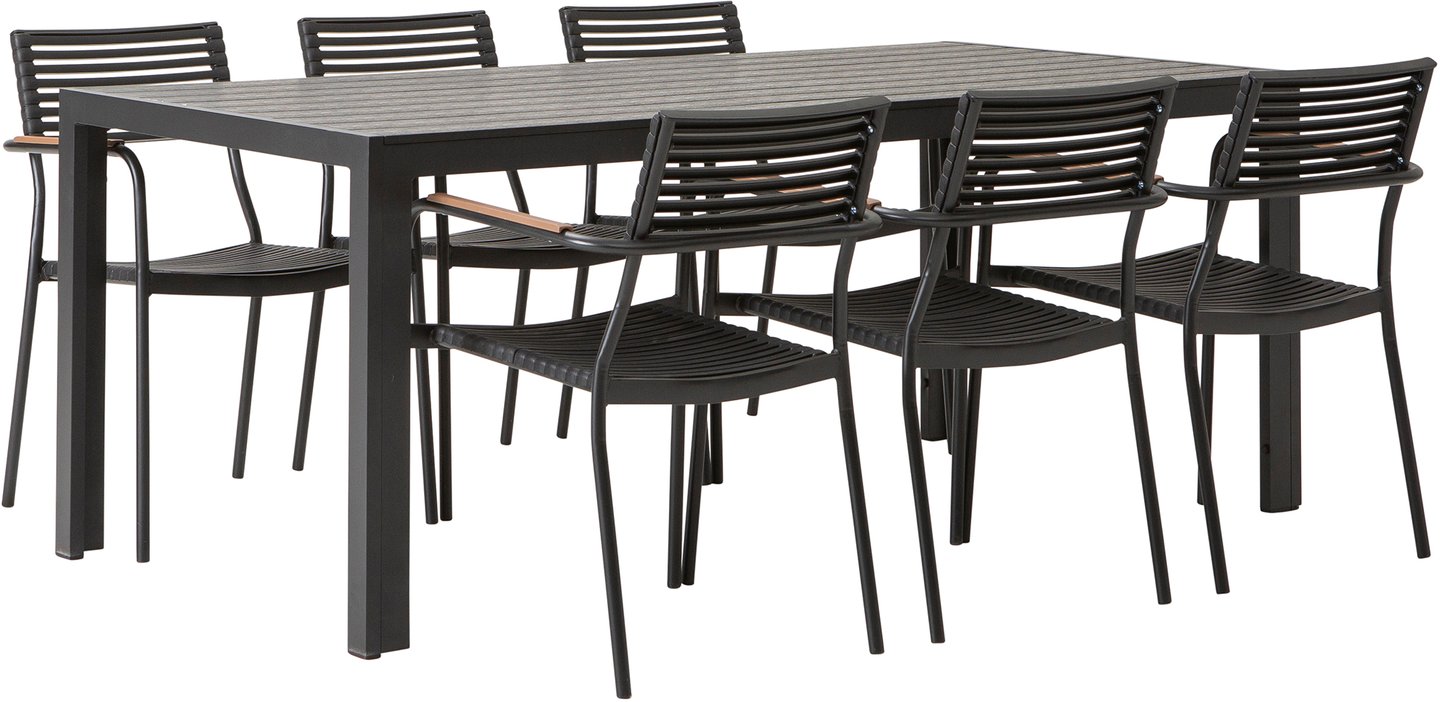 Seattle & Calle ruokailuryhmä 190x90 kuudelle Musta tuoli: Tyylikäs musta ulkoruokailuryhmä, jossa 190x90 cm pöytä ja 6 pinottavaa tuolia. Erinomainen valinta terassille tai puutarhaan.