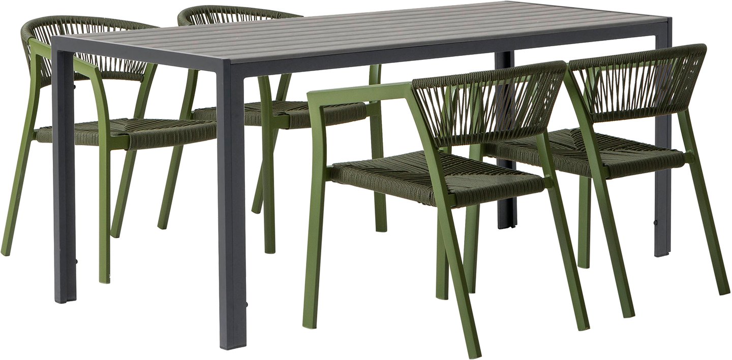 Dakota & Elegance ruokailuryhmä 150x90 neljälle: Tyylikäs ruokailuryhmä ulos, musta-harmaa Dakota-pöytä (150x90 cm) ja neljä vihreää pinottavaa Elegance-tuolia. Täydellinen terassille tai puutarhaan!