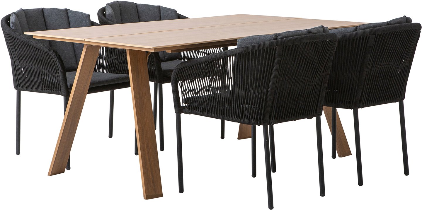 Messina & Victoria ruokailuryhmä 160x100 neljälle: Tyylikäs Messina ruokailuryhmä ulos, sisältää 160x100 cm pöydän ja 4 mustaa Victoria-tuolia pehmusteilla. Sopii terassille tai puutarhaan.