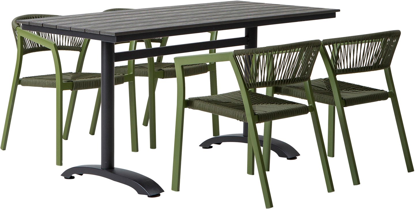 Dakota & Elegance ruokailuryhmä 130x70 neljälle: Tyylikäs ulkoruokailuryhmä, jossa musta-harmaa Dakota-pöytä (130x70 cm) ja neljä pinottavaa vihreää Elegance-tuolia. Täydellinen terassille tai puutarhaan!