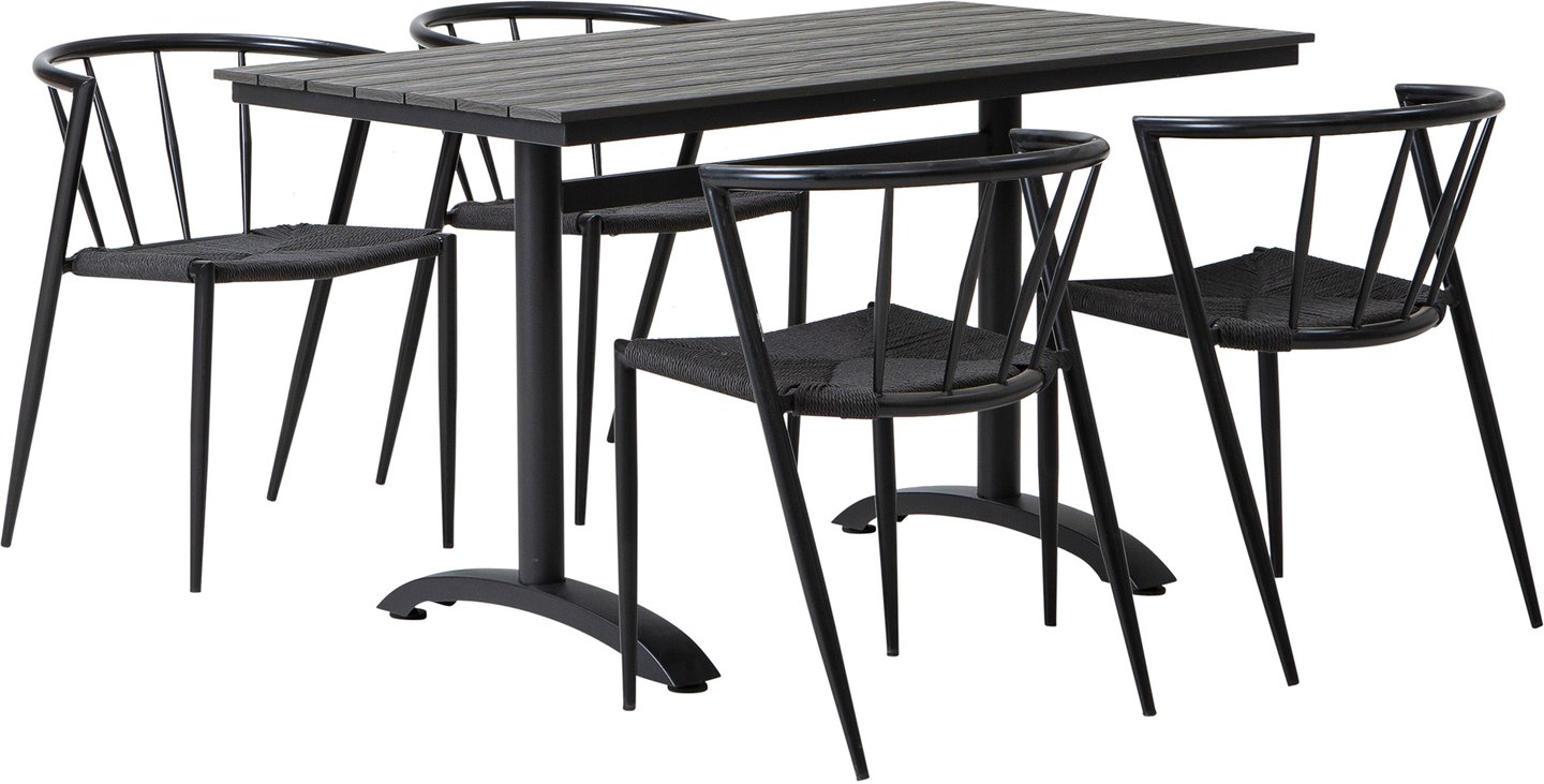 Dakota & Deco ruokailuryhmä 130x70 neljälle: Tyylikäs ulkoruokailuryhmä mustasta ja harmaasta, sisältää 130x70 cm pöydän ja 4 deco-tuolia. Erinomainen valinta terassille tai parvekkeelle.