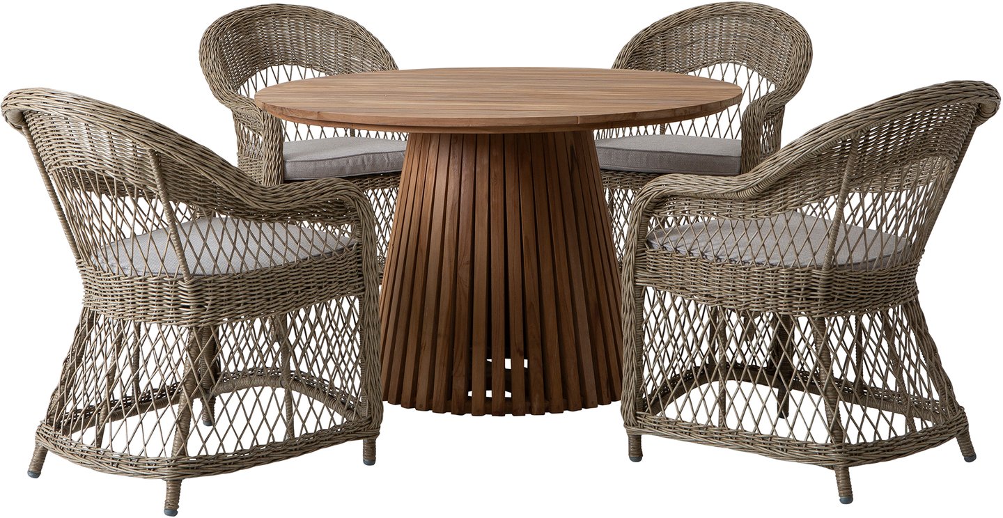 Deco & Leona ruokailuryhmä pyöreä 120cm neljälle: Tyylikäs ulkokäyttöön suunniteltu ruokailuryhmä, jossa pyöreä tiikkipöytä (120 cm) ja 4 beigea Leona-tuolia pehmusteilla. Täydellinen terassille tai puutarhaan.