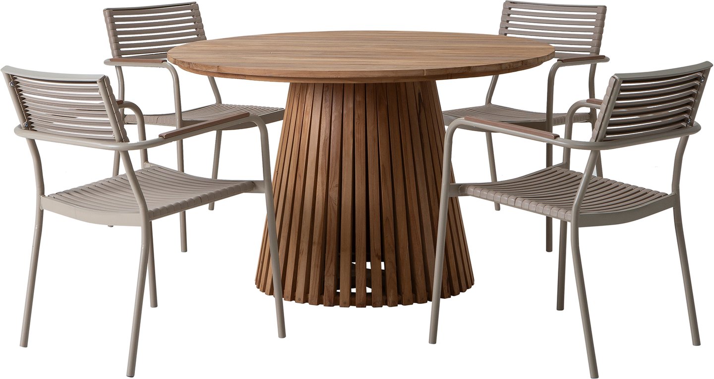 Deco & Calle ruokailuryhmä pyöreä 120cm neljälle: Tyylikäs pyöreä ruokailupöytä, halkaisija 120 cm, luonnollista tiikkiä. Sopii täydellisesti ulkoterassille tai puutarhaan. Mukana 4 pinottavaa taupe-tuolia.