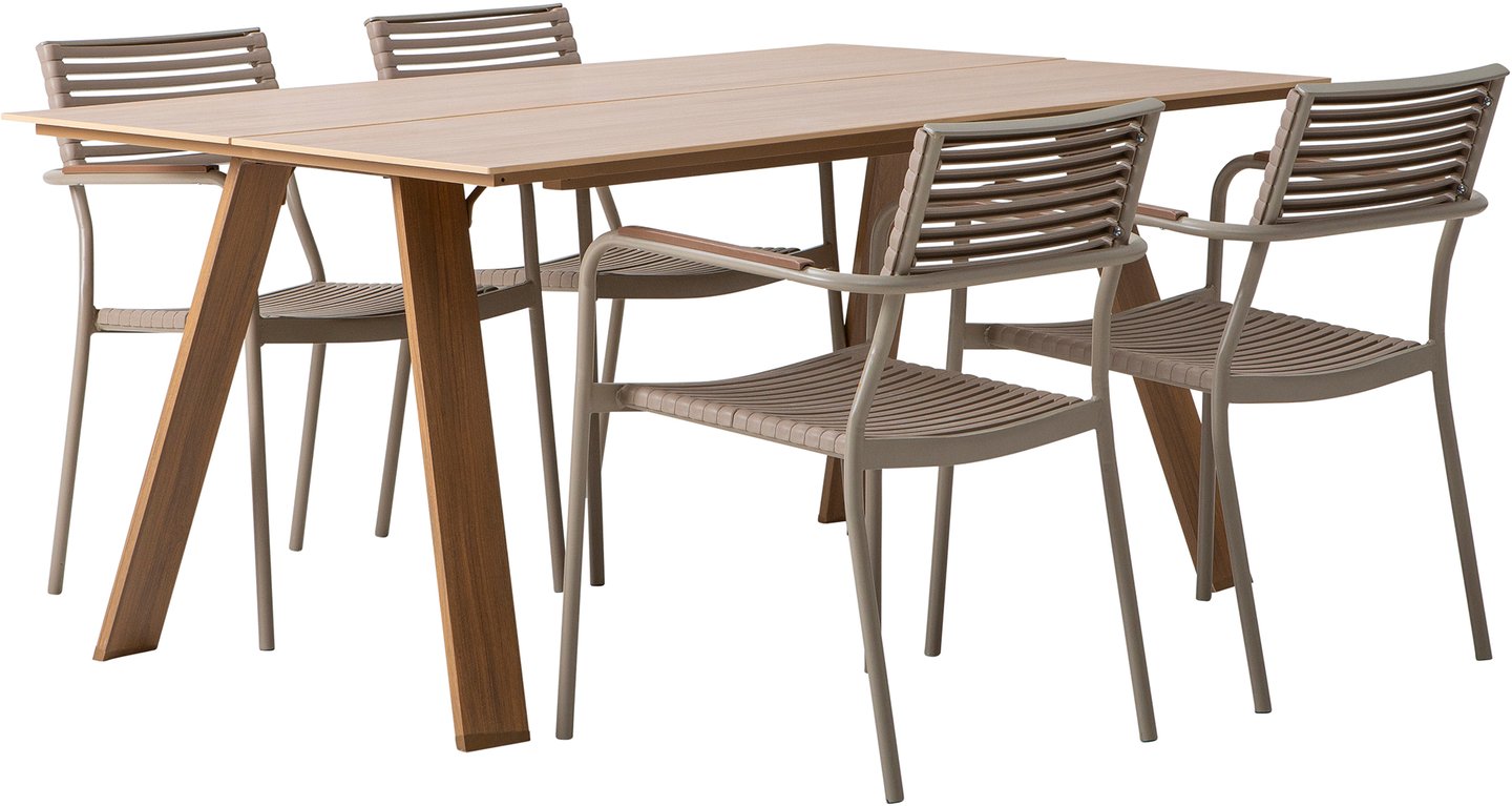 Messina & Calle ruokailuryhmä 160x100 neljälle: Tyylikäs Messina-ruokailuryhmä ulkokäyttöön, sisältäen 160x100 cm pöydän ja neljä pinottavaa tuolia. Täydellinen terassille tai puutarhaan.