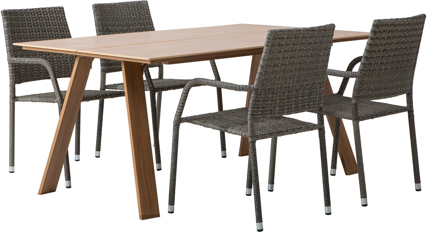 Messina & Oliva ruokailuryhmä 160x100 neljälle: Tyylikäs Messina-pöytä (160x100 cm) ja neljä harmaata pinottavaa Oliva-tuolia. Ihanteellinen ruokailuryhmä terassille tai puutarhaan.