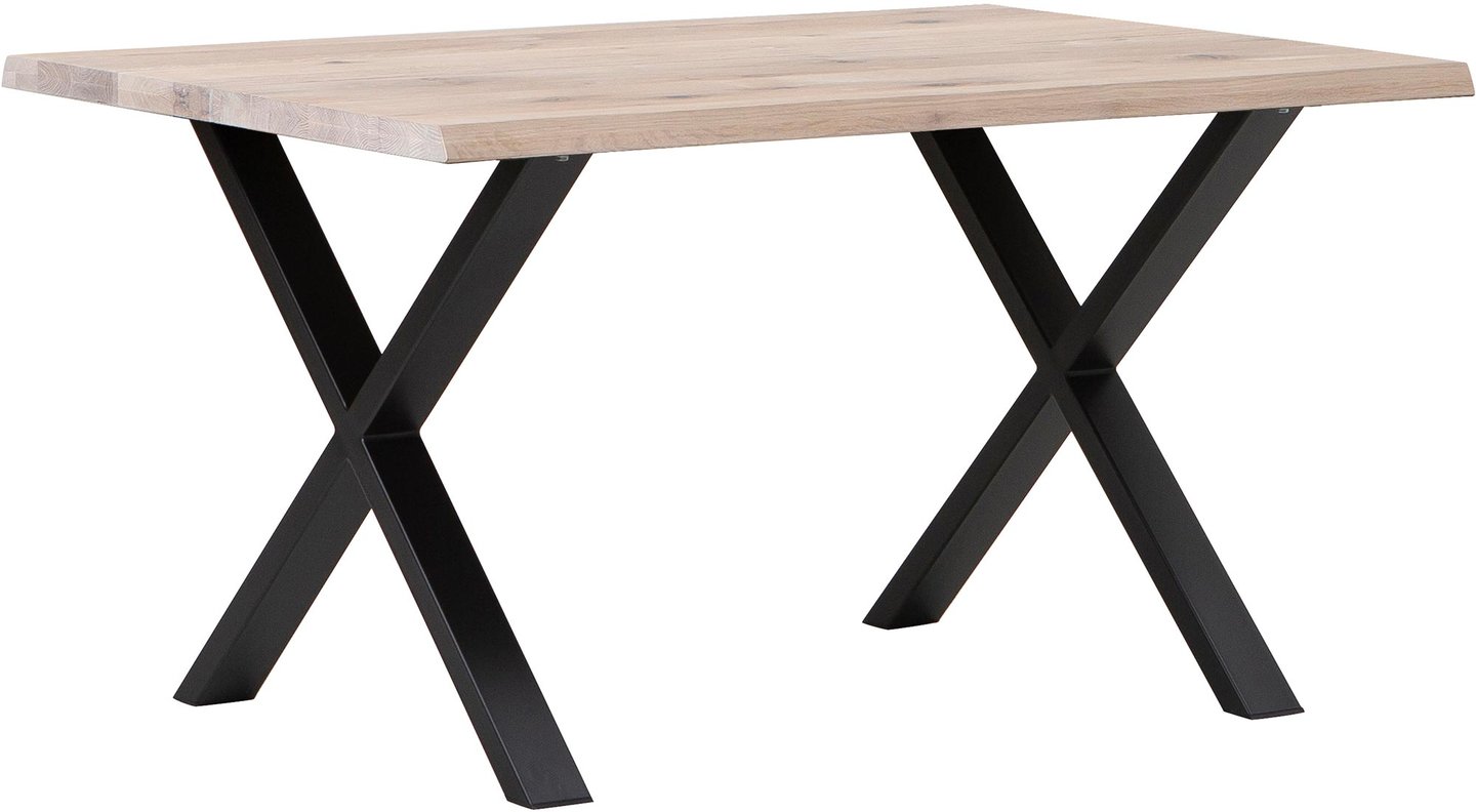 Estelle lankkupöytä 140x95 valkoöljytty, X-jalalla: Tyylikäs ruokapöytä neljälle, valkoöljytty tammi, luonnollinen wild edge -reunus. Sopii moderniin ruokailutilaan ja antaa kodikkuutta.