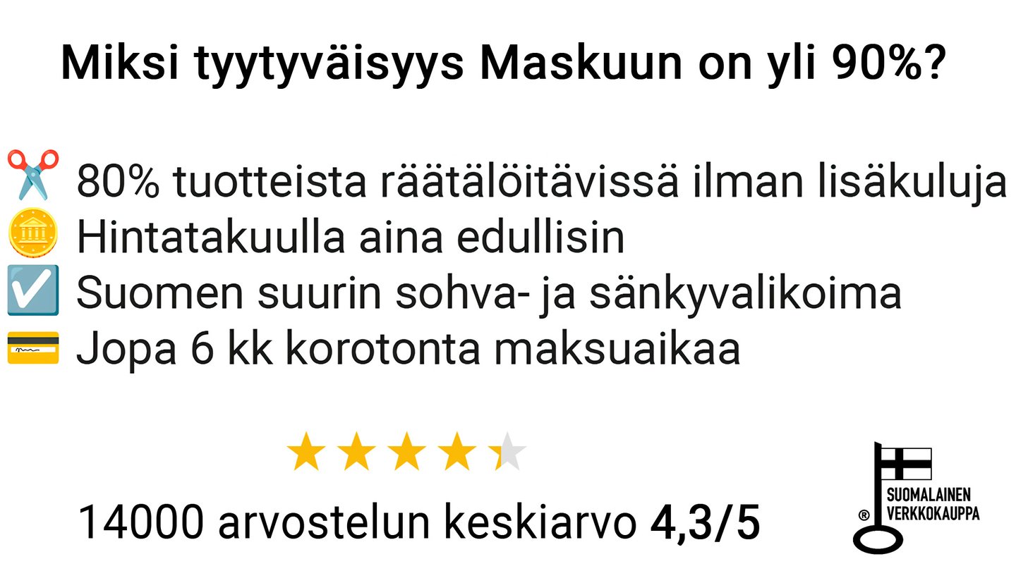Maskun tyytyväisyys on yli 90% koska tuotteisiin ollaan tyytyväisiä, koska ltuotteet ovat räätälöitävissä, aina edullisin hintatakuulla, Suomen suurin valikoima, koroton maksuaika