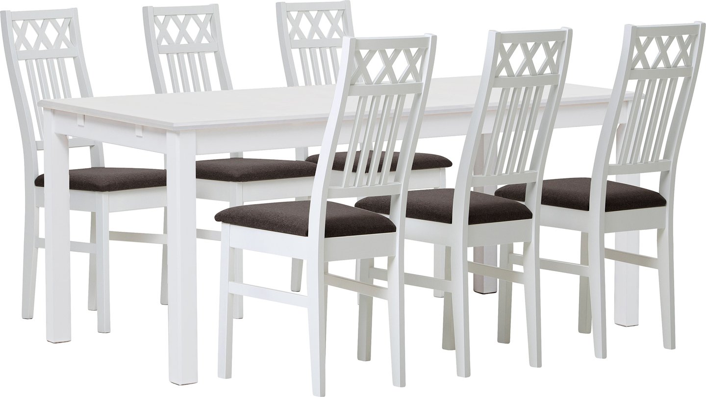 Hovi ruokailuryhmä 170x85. Valkoinen pöytä. Valkoinen tuoli, ruskea verhoilu: Tyylikäs ruokailuryhmä kuudelle, valkoinen pöytä 170x85 cm ja ruskeaverhoillut tuolit. Täydellinen ruokailutilan sisustukseen.