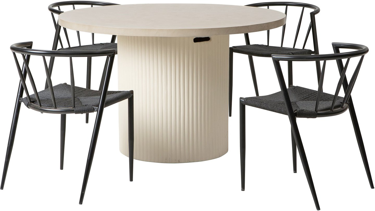 Nyborg & Deco ruokailuryhmä pyöreä 122cm neljälle Mustat tuolit: Tyylikäs pyöreä puutarhapöytä, halkaisija 122 cm, sementtimateriaali. Mukana 4 mustaa Deco-tuolia, täydellinen ulkoruokailuun terassille.