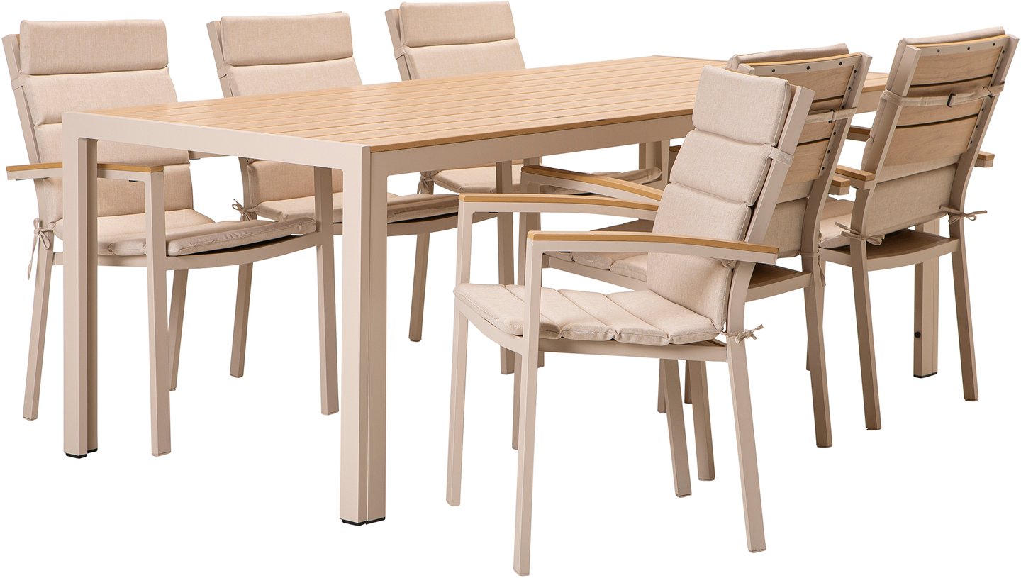 Saarni ruokailuryhmä 205x90, kuudelle, saarni/khaki + beige pehmusteet