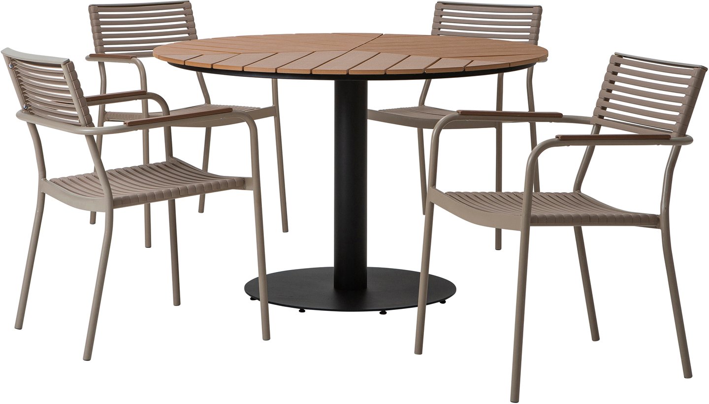 Sirena & Calle ruokailuryhmä pyöreä 120cm neljälle: Pyöreä ruokailupöytä, 120 cm, luonnonvärinen, täydellinen ulkoilmaan. Yhdistä pinottaviin taupe-tuoleihin terassille tai puutarhaan.