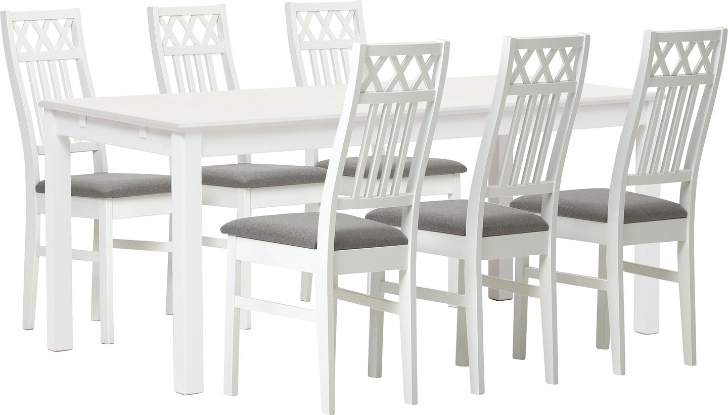 Hovi ruokailuryhmä 170x85. Valkoinen pöytä. Valkoinen tuoli, vaaleanharmaa verhoilu: Tyylikäs ruokailuryhmä kuudelle, jossa valkoinen pöytä (170x85 cm) ja vaaleanharmaalla verhoiltuja tuoleja. Sopii moderniin ruokailutilaan.