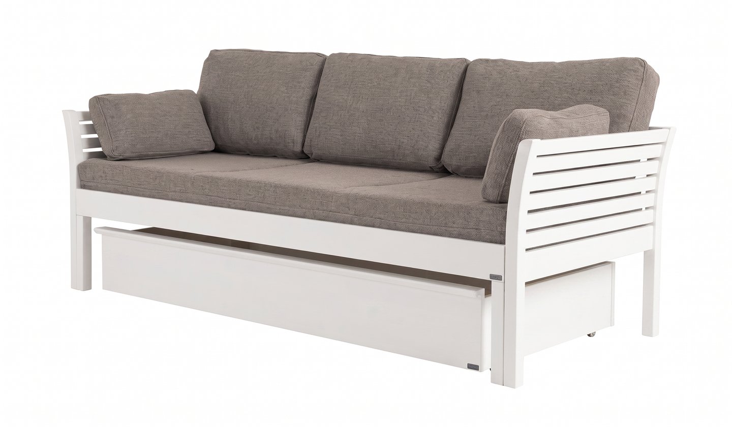 Kanerva vuodesohva taittopatjasarjalla ja vuodevaatelaatikolla 190cm, valkoinen/beige