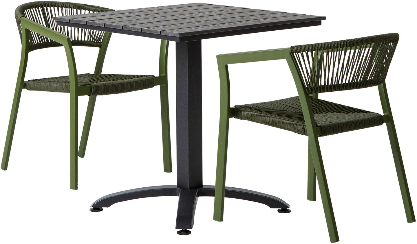 Dakota & Elegance ruokailuryhmä 70x70 kahdelle: Tyylikäs Dakota-ruokailuryhmä ulkokäyttöön, musta-harmaa pöytä (70x70 cm) ja pinottavat vihreät tuolit. Täydellinen terassille tai puutarhaan!