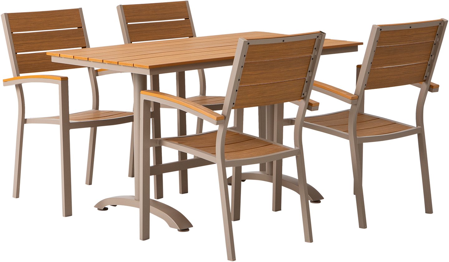 Albury ruokailuryhmä 130x70 neljälle: Tyylikäs Albury ruokailuryhmä ulos, 130x70 cm. Taupe-alumiini ja tiikki yhdistävät kestävyyden ja tyylin. Täydellinen terassille tai parvekkeelle.
