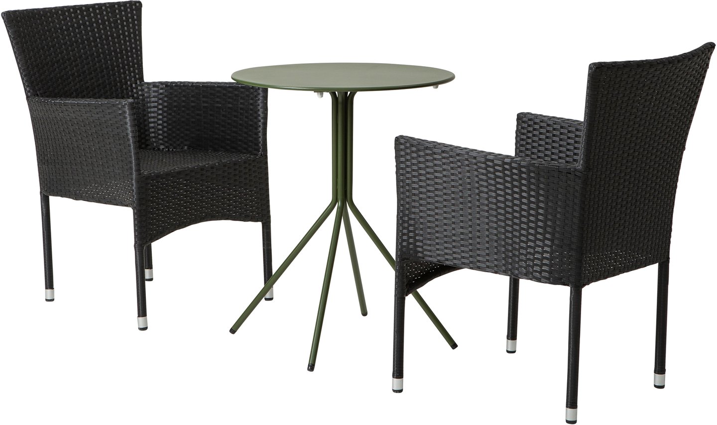 Trento & Bolton ruokailuryhmä pyöreä 60cm kahdelle vihreä/musta: Tyylikäs Trento parvekepöytä, 60 cm, vihreä, ja kaksi mustaa Bolton-tuolia. Täydellinen ulkoruokailuryhmä parvekkeelle tai terassille.
