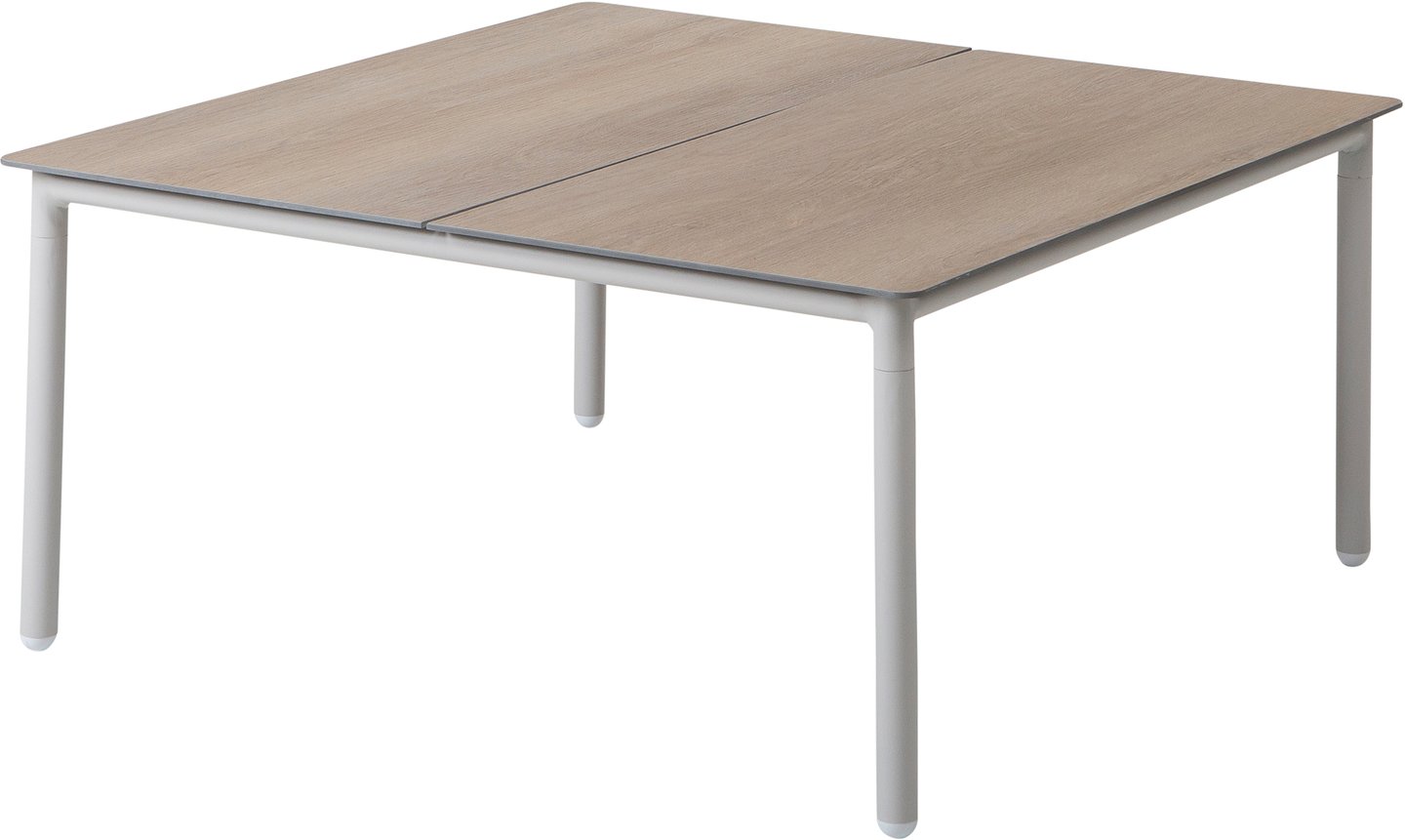 Nordic sohvapöytä 90x90cm 2025: Tyylikäs valkoinen alumiininen sohvapöytä, 90x90 cm, hiekanvärisellä kansilevyllä. Erinomainen valinta terassille tai puutarhaan. Kestävä ja helppohoitoinen.