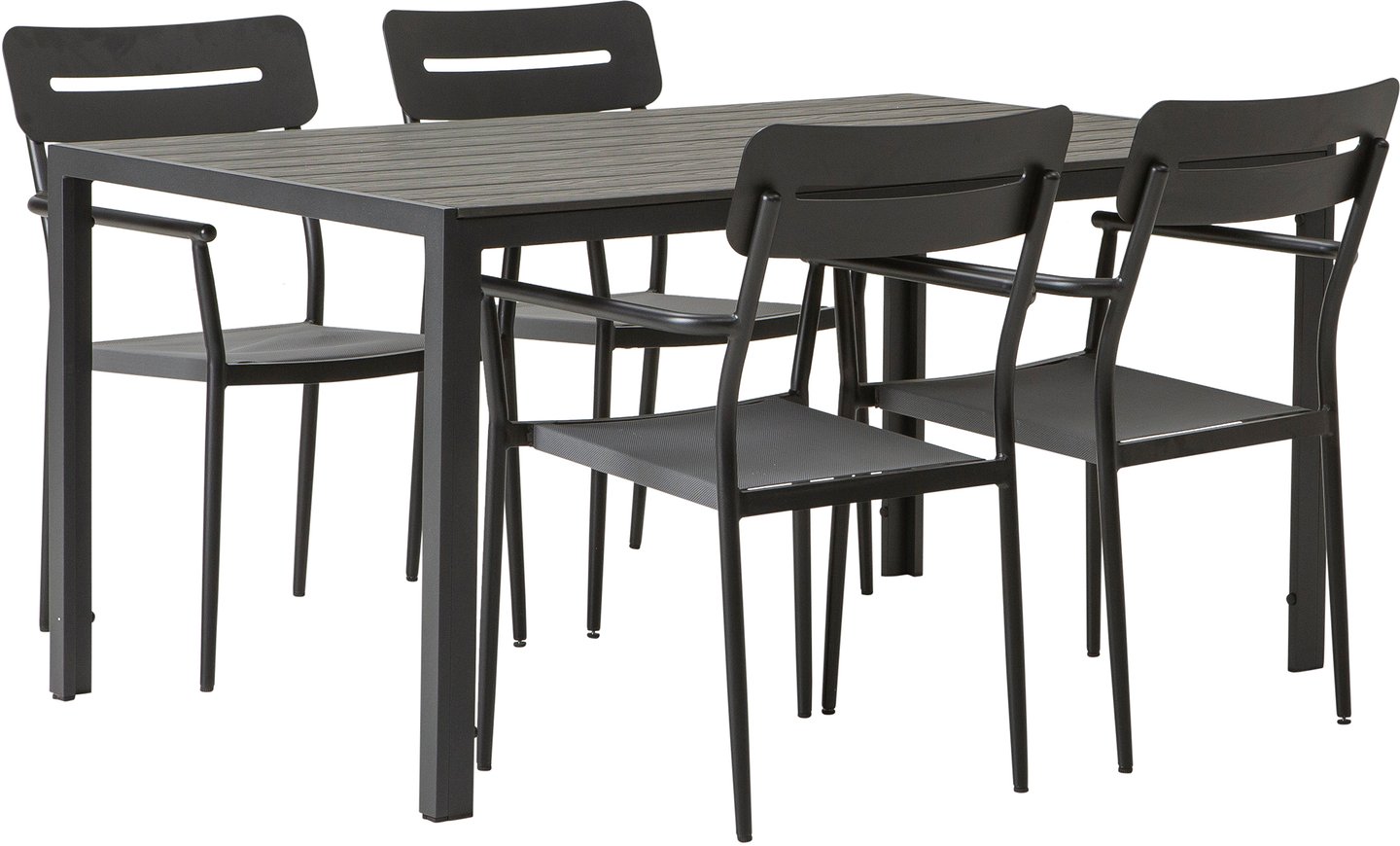 Dakota & Isabella ruokailuryhmä 150x90 neljälle: Tyylikäs musta-harmaa ruokailuryhmä ulos, sisältäen 150x90 cm pöydän ja neljä Isabella-tuolia. Erinomainen valinta terassille tai puutarhaan.