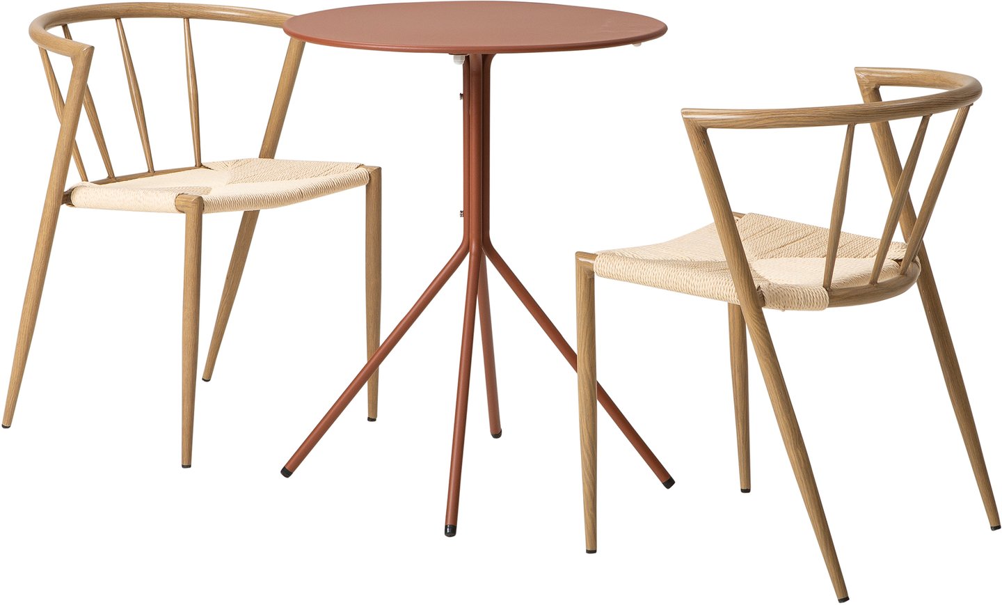 Trento & Deco ruokailuryhmä pyöreä 60cm kahdelle, punainen/beige: Tyylikäs punainen pyöreä parvekepöytä (60 cm) ja beige tammi-tuolit. Täydellinen ruokailuryhmä ulos terassille tai parvekkeelle.