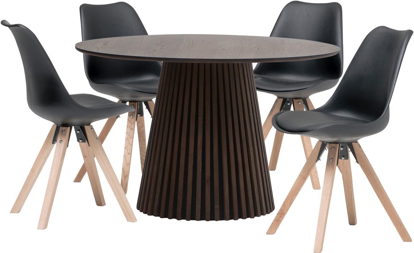 Metz & Concept Oak ruokailuryhmä (1+4): Tyylikäs pyöreä ruokapöytä, halkaisijaltaan 120 cm, täydellinen neljän hengen ruokailuryhmään. Smoked-tammiviimeistely, mustat tuolit. Erinomainen valinta moderniin ruokailutilaan.
