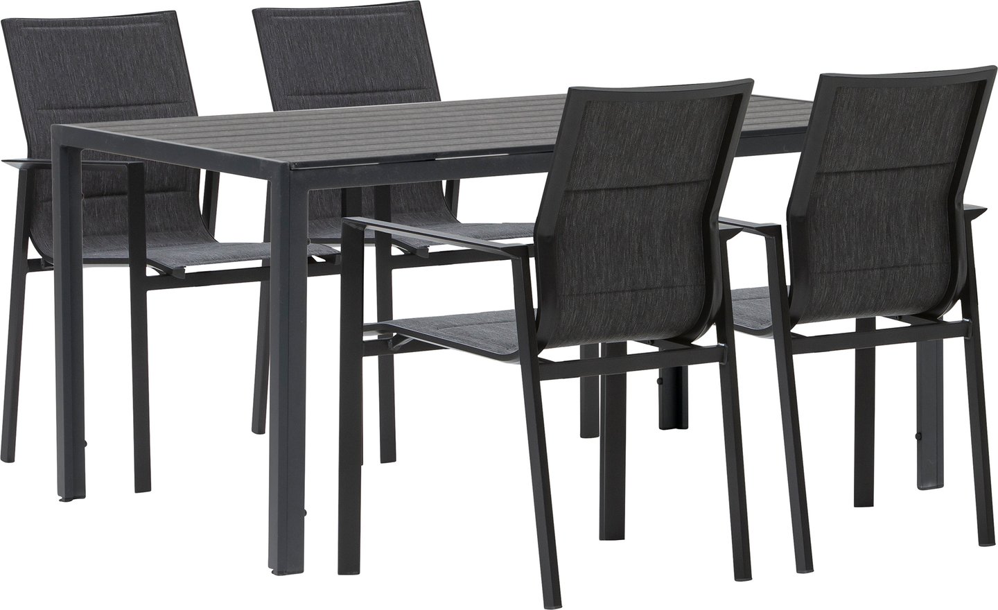Dakota & Newark ruokailuryhmä 150x90 neljälle: Tyylikäs ulkoruokailuryhmä, jossa tilava pöytä ja mukavat tuolit. Sopii täydellisesti terassille tai puutarhaan. Kestävä rakenne ja moderni muotoilu.