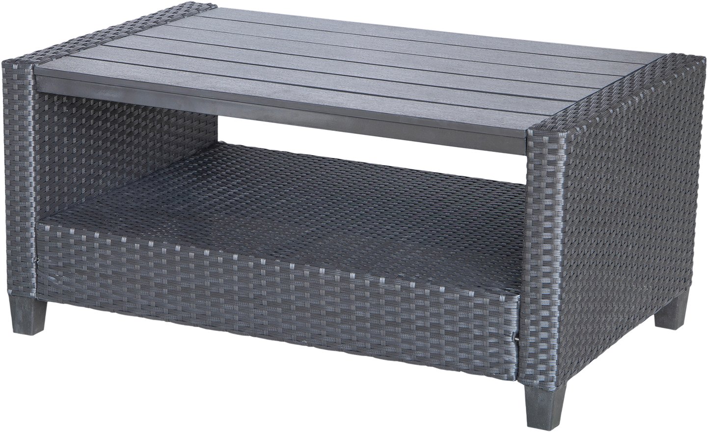 Torino sohvapöytä 92x56cm, musta polyrottinki: Tyylikäs matala sohvapöytä, musta polyrottinkia ja Easywood-pintaa. Sopii täydellisesti terassille tai puutarhaan. Kestävä ja moderni valinta ulkokalusteisiin.