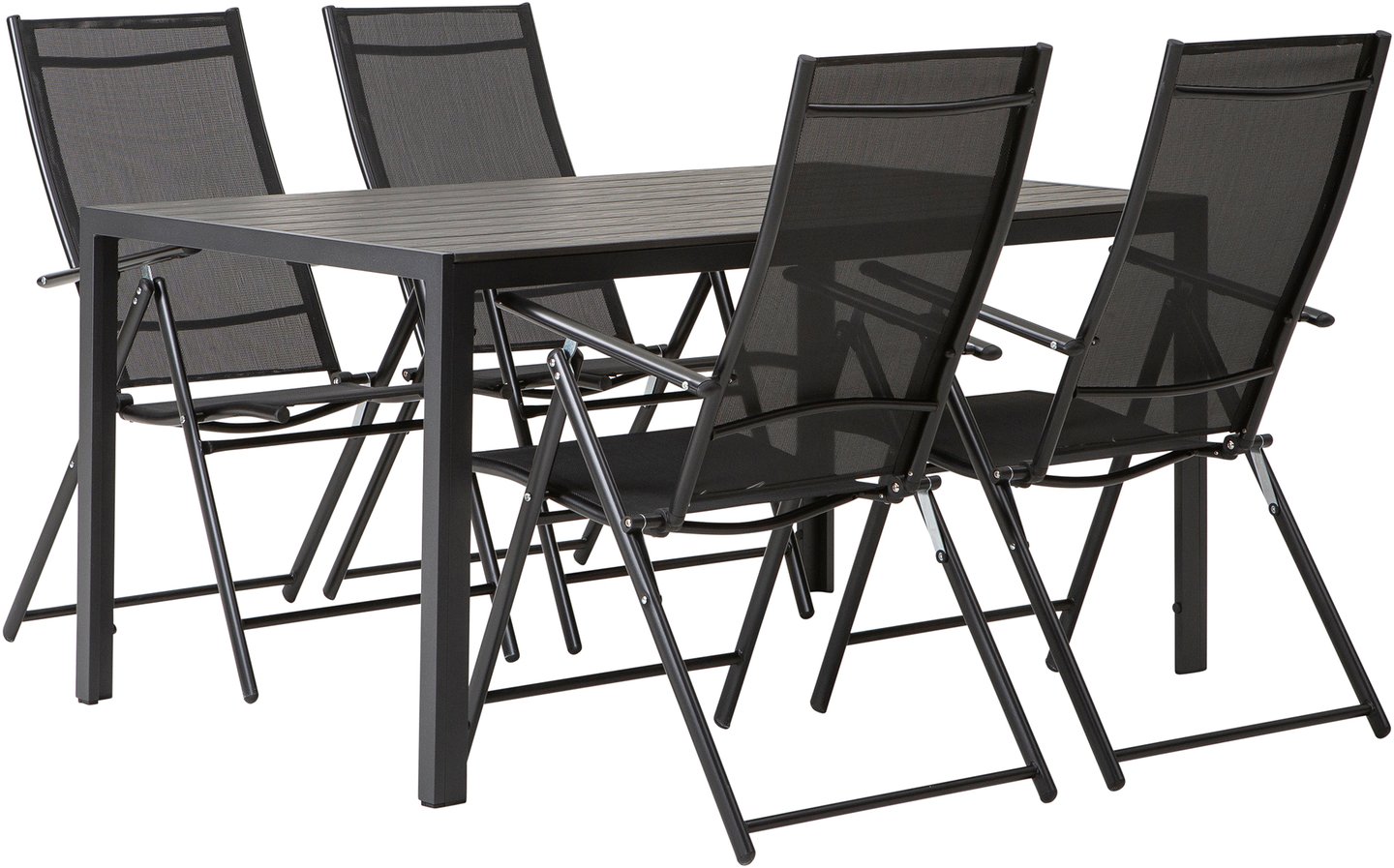 Dakota & Seattle ruokailuryhmä 150x90 neljälle Musta säätötuoli: Tyylikäs musta-harmaa ruokailuryhmä ulos, sisältää 150x90 cm pöydän ja 4 Seattle-saatotuolia. Täydellinen terassille tai puutarhaan.