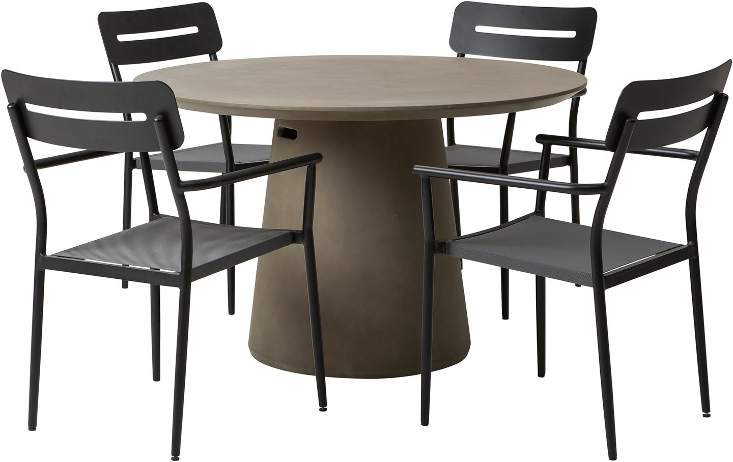 Skagen & Isabella ruokailuryhmä pyöreä 120cm neljälle: Tyylikäs pyöreä ruokailupöytä, harmaa betonipinta. Sopii täydellisesti terassille tai puutarhaan yhdessä mustien Isabella-tuolien kanssa.