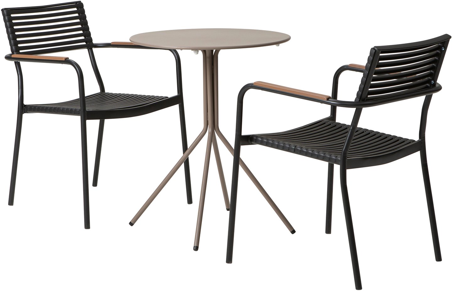 Trento & Calle ruokailuryhmä pyöreä 60cm kahdelle khaki/musta: Tyylikäs Trento pyöreä parvekepöytä (60 cm) khakivärissä, täydellinen ulkoilmaelämän ruokailuryhmäksi. Mukana pinottavat mustat tuolit. Ideal terasseille ja parvekkeille!
