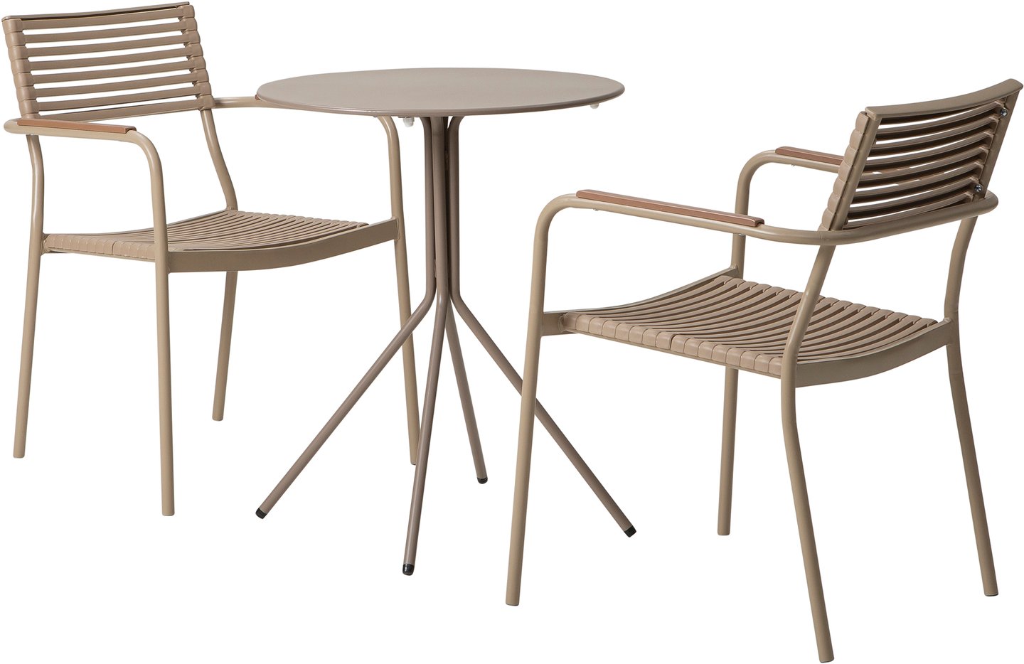 Trento & Calle ruokailuryhmä pyöreä 60cm kahdelle khaki/khaki: Tyylikäs Trento-pyöreä parvekepöytä (60 cm) khakivärissä, täydellinen parvekkeelle tai terassille. Yhdistä pinottaviin tuoleihin ruokailuryhmäksi.