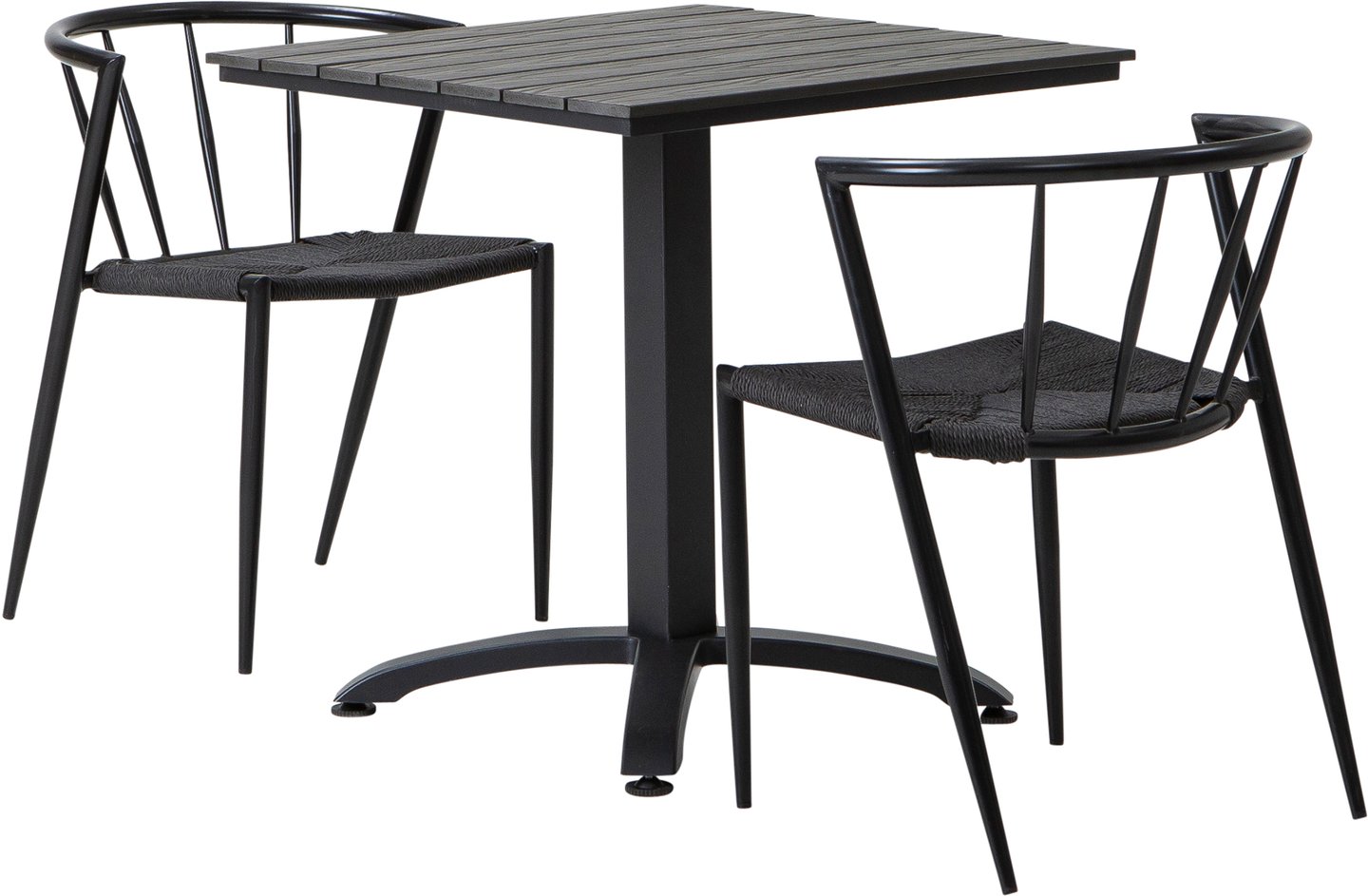Dakota & Deco ruokailuryhmä 70x70 kahdelle: Tyylikäs Dakota-pöytä (70x70 cm) musta-harmaana, täydellinen ulkoruokailuryhmään. Mukana 2 deco-tuolia mustalla rungolla ja naruilla. Sopii terassille ja parvekkeelle.