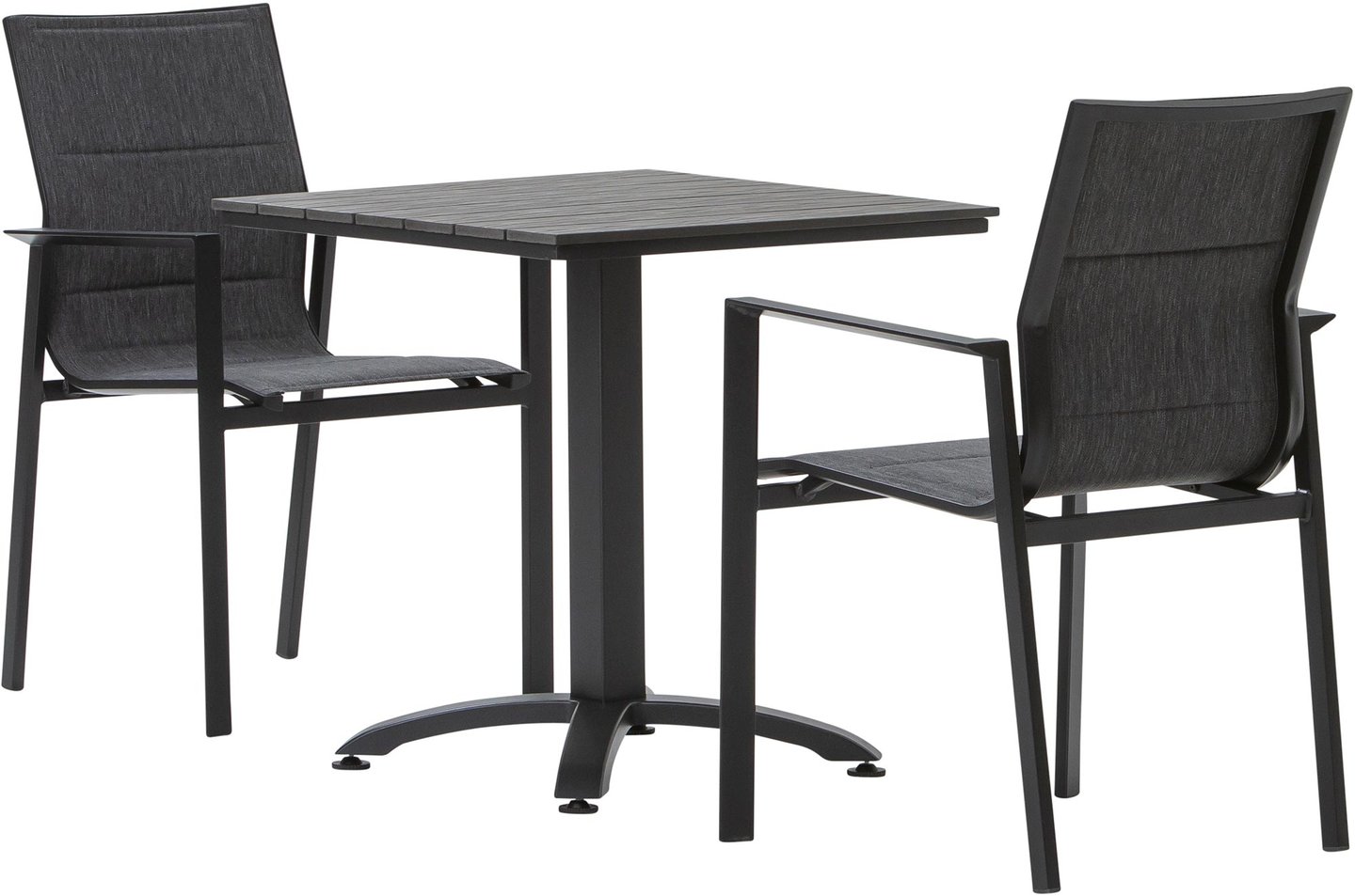 Seattle & Newark ruokailuryhmä 60x60 kahdelle: Tyylikäs musta 60x60 cm parvekepöytä, täydellinen ulkoilmaelämään. Sopii erinomaisesti parvekkeelle tai terassille ruokailuryhmän osaksi.