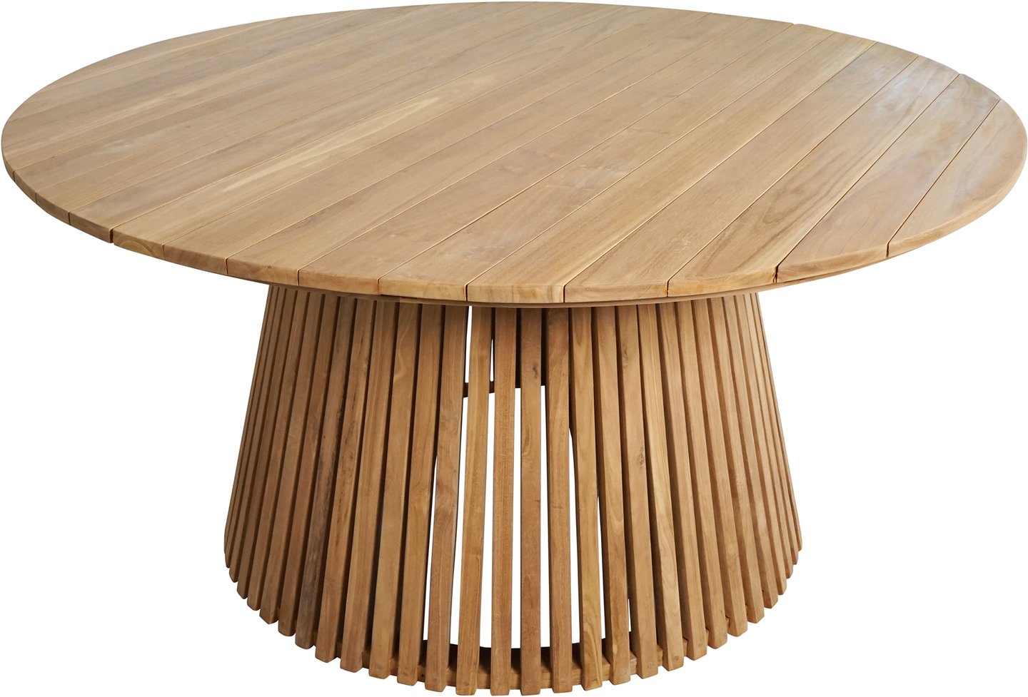 Deco ruokapöytä pyöreä 150cm natural tiikki: Tyylikäs pyöreä ruokapöytä ulos, 150 cm, luonnon teakista. Täydellinen terassille tai puutarhaan ruokailuun ja rentoutumiseen.
