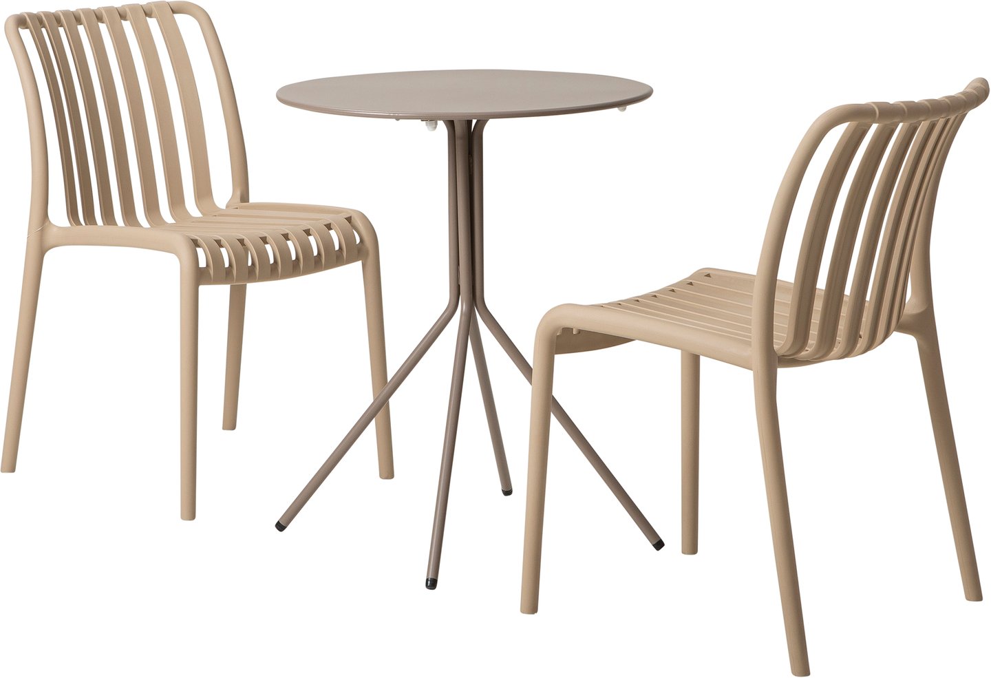 Trento & Avellino ruokailuryhmä pyöreä 60cm kahdelle khaki/khaki: Trento parvekepöytä ja Avellino-tuolit, khaki. Tyylikäs ja kestävä ruokailuryhmä ulos, täydellinen parvekkeelle tai terassille.