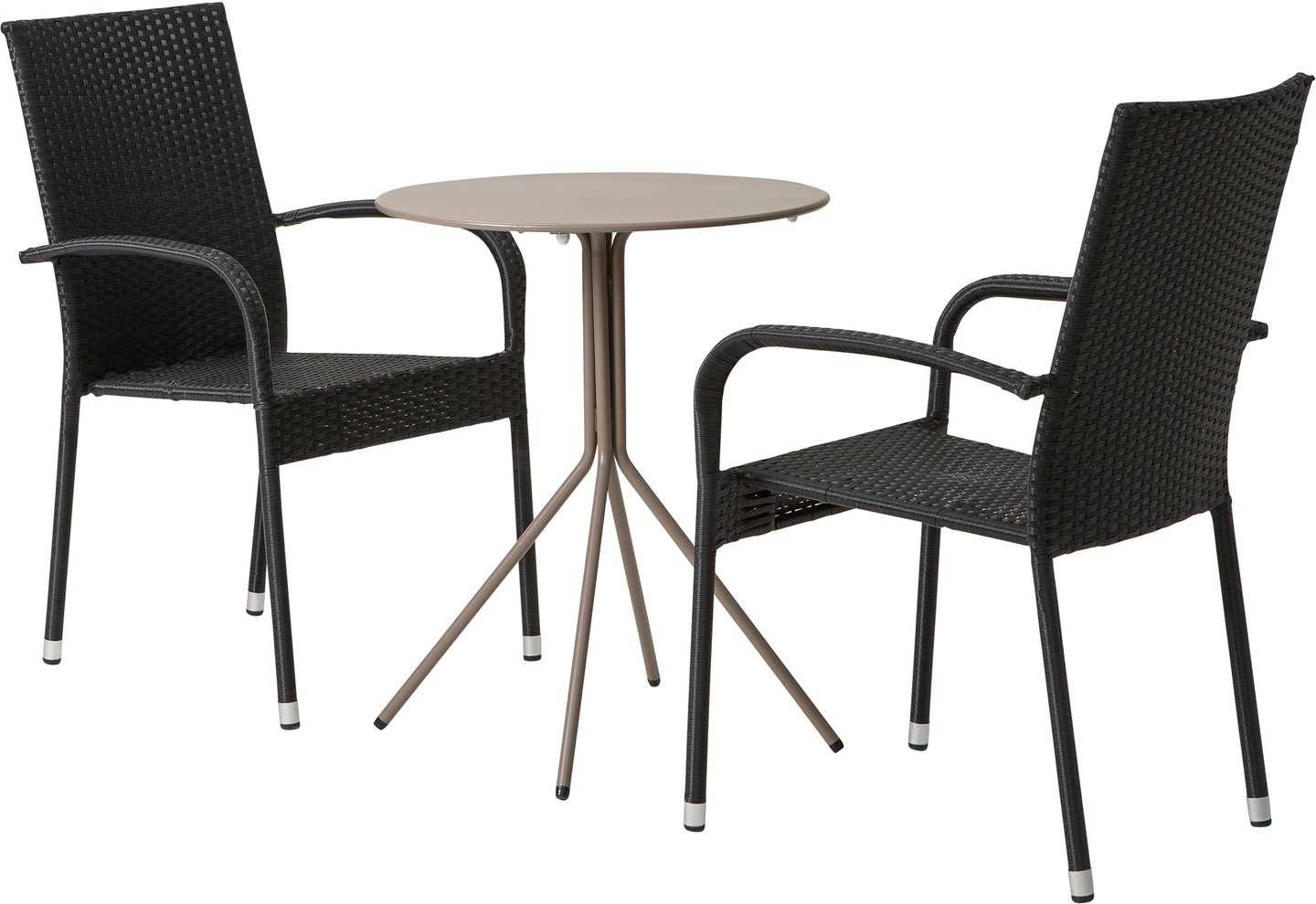 Trento & Palma ruokailuryhmä pyöreä 60cm kahdelle khaki/musta: Tyylikäs pyöreä parveke pöytä, 60 cm, khaki. Mukana kaksi pinottavaa mustaa tuolia. Täydellinen ruokailuryhmä ulos tai parvekkeelle.