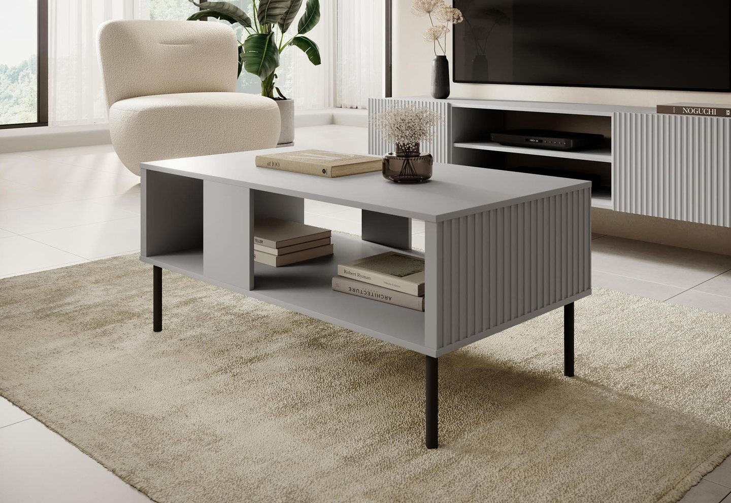 Asensio sohvapöytä, vaaleanharmaa: Tyylikäs vaaleanharmaa sohvapöytä, jossa säilytystilaa. Täydellinen olohuoneeseen moderniin sisustukseen. Elegantti ja käytännöllinen valinta.
