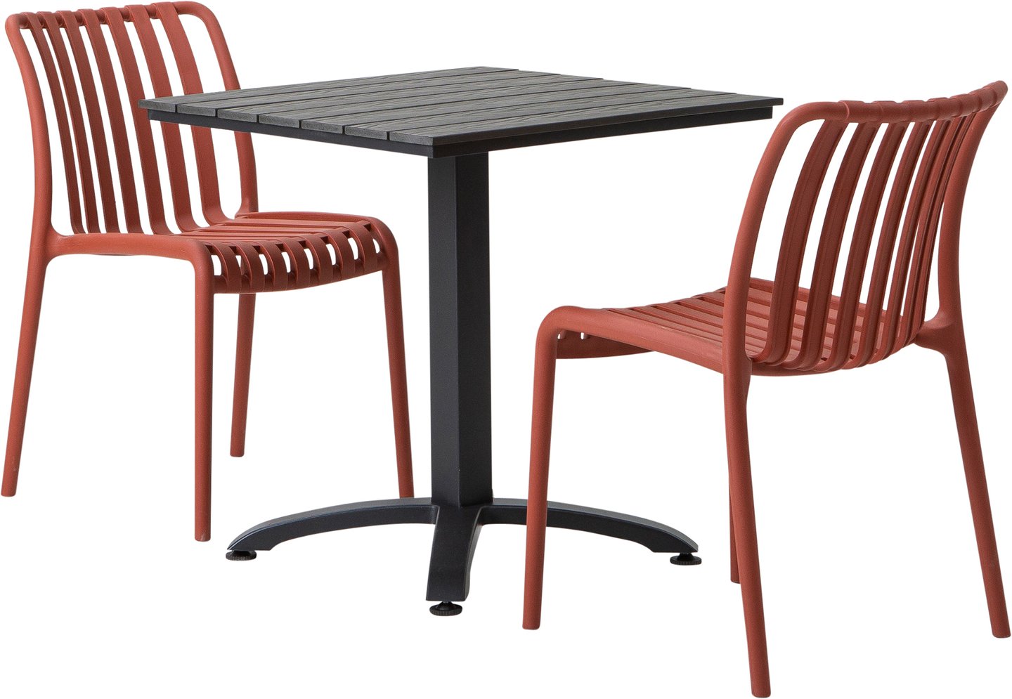 Dakota & Avellino ruokailuryhmä 70x70 kahdelle: Tyylikäs ulkoruokailuryhmä, musta-harmaa pöytä (70x70 cm) ja 2 Avellino-tuolia. Loistava valinta terassille tai puutarhaan.