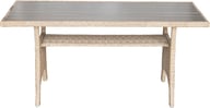 Savona sohvapöytä 144x67cm, harmaa/beige polyrottinki: Tyylikäs Savona-sohvapöytä, 144x67 cm, vaaleanharmaasta polyrottinkista. Sopii täydellisesti terassille tai puutarhaan. Kestävä ja elegantti valinta ulkokalusteisiin.